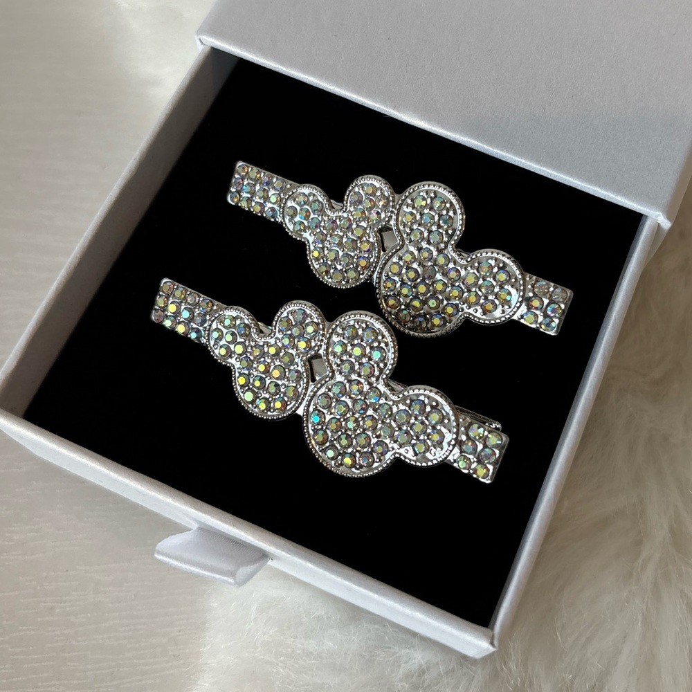 Set of 2 Fashion Mouse Ear Iridescent Rhinestone Hair Clips